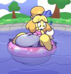 accessory animal_crossing anthro bell canid canine canis clothing cloud diaper diaper_in_water domestic_dog female floral_pattern fluffy fluffy_tail frilly fur grass hair_accessory hair_tie hi_res hill isabelle_(animal_crossing) long_ears mammal nintendo pawpads paws plant pool pool_float shih_tzu shslsadcat solo spread_legs spreading stuck surprised swimwear tail toy_dog tree white_body white_fur yellow_body yellow_fur