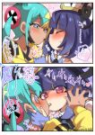  2girls aqua_hair black_hair black_mask blonde_hair blue_eyes blue_gloves blunt_bangs blush bob_cut canari_(pokemon) closed_eyes coat dark-skinned_female dark_skin eromame food food_in_mouth gloves gradient_hair gwynn_(pokemon) hat heart heart-shaped_pupils highres holding holding_food holding_pocky incoming_pocky_kiss jacket long_sleeves looking_at_viewer mask mask_pull mouth_hold mouth_mask multicolored_hair multiple_girls partially_fingerless_gloves pocky pocky_day pocky_in_mouth pocky_kiss pokemon pokemon_legends:_z-a purple_eyes purple_hair shared_food short_hair short_twintails split-color_hair symbol-shaped_pupils twintails two-tone_hair two-tone_mask upper_body white_coat yellow_jacket yellow_mask yuri 