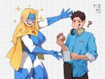  1boy 1girl ? absurdres black_pants blonde_blazer blonde_hair blue_gloves blue_shirt breast_pocket breasts brown_eyes brown_hair cape checkered_background closed_mouth commentary cup dispatch donut english_commentary eye_mask food gloves grmm headphones headphones_around_neck highres holding holding_cup holding_donut holding_food large_breasts long_hair looking_at_viewer mask microphone muscular muscular_female no_pupils open_mouth pants pocket robert_robertson shirt short_hair simple_background sparkle superhero_costume teeth white_background yellow_cape 