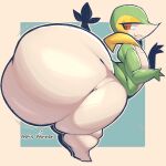 anthro bedroom_eyes big_butt brown_eyes butt death_battle elemental_creature feet female flat_chested flora_fauna generation_5_pokemon green_body heart_symbol hi_res huge_butt humor hyper hyper_butt lightmizano multicolored_body narrowed_eyes nintendo plant pokemon pokemon_(species) seductive short_stack side_view simple_background small_feet snivy solo tail teasing two_tone_body yellow_body