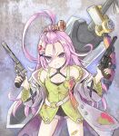  1girl ahoge aino_(genshin_impact) angry antenna_hair bandaid bandaid_on_leg bare_shoulders black_shirt clenched_teeth collarbone dual_wielding genshin_impact greatsword green_shirt grey_jacket gun hair_ornament highres hikari_niji holding holding_gun holding_weapon huge_ahoge jacket long_hair long_sleeves looking_at_viewer off_shoulder purple_eyes purple_hair revolver shirt solo sword teeth weapon 