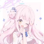  1girl ;d artist_name blue_archive blue_bow blue_bowtie blush bow bowtie breasts capelet commentary_request crescent dress hair_bun hair_ornament hair_scrunchie halo long_hair looking_at_viewer mika_(blue_archive) one_eye_closed partial_commentary pink_hair pink_halo scrunchie side_up_bun smile solo star_(symbol) suwasui tongue white_background white_capelet white_dress white_scrunchie yellow_eyes 