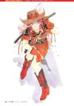  1girl artbook belt belt_buckle blue_eyes boots brown_boots brown_gloves buckle collar cow_girl cowboy cowboy_boots cowboy_hat cowboy_western crack english_text freckles full_body gemini_sunrise gloves gun hat highres holding holding_sword holding_weapon holster katana light_smile long_hair looking_at_viewer matsubara_hidenori miniskirt mixed-language_text non-web_source official_art page_number painting_(medium) panties pantyshot ponytail red_hair revolver rubble sakura_taisen sakura_taisen_v second-party_source shadow sheath sitting skirt sword thigh_strap traditional_media underwear watercolor_(medium) weapon white_background 