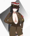  1girl black_hair blue_archive breasts camel cross germany hat highres huge_breasts iron_cross k3bbys kepi large_breasts long_hair medal military military_hat military_uniform nazi nazi_party_pin red_eyes reichsadler rio_(blue_archive) underwear 