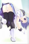  1girl animal_ears bangs bent_over blancmanche_mint blue_hair galaxy_angel gloves green_eyes looking_at_viewer looking_back mint_blancmanche panties pantyshot puffy_sleeves short_hair solo thighhighs underwear 