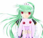  1girl animal bangs galaxy_angel green_hair long_hair looking_at_viewer pet red_eyes simple_background solo vanilla vanilla_h white_background 