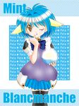  1girl animal_ears apron bangs blancmanche_mint blue_hair brown_eyes character_name galaxy_angel green_eyes looking_at_viewer mint_blancmanche one_eye_closed puffy_sleeves short_dress short_hair solo star thighhighs wink zettai_ryouiki 