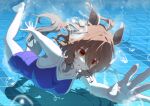  1girl absurdres agnes_tachyon_(umamusume) ahoge air_bubble animal_ears blue_one-piece_swimsuit blush breasts brown_hair bubble chemical_structure collarbone competition_school_swimsuit earrings hair_between_eyes highres horse_ears horse_girl horse_tail jewelry medium_breasts medium_hair nanaken_(qijian23092715) one-piece_swimsuit parted_lips pool red_eyes school_swimsuit single_earring single_vertical_stripe solo swimming swimsuit tail tail_through_clothes tracen_swimsuit umamusume underwater 