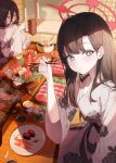  +_+ 2girls absurdres alternate_costume black_hair blue_archive bowl breasts closed_mouth commentary eating food food_request grey_eyes halo hand_up hardboiled_egg hasumi_(blue_archive) highres ichika_(blue_archive) japanese_clothes jw_(wrdawrda) kimono long_hair long_sleeves looking_at_food looking_at_viewer meat multiple_girls open_mouth red_eyes red_halo smile sushi symbol-only_commentary unusually_open_eyes white_kimono 