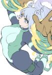  1girl absurdres blue_bodysuit blue_eyes blue_hair bodysuit boku_no_hero_academia breasts closed_mouth drill_hair energy fengling_(furin-jp) gloves green_bodysuit hado_nejire hair_horns highres large_breasts long_hair multicolored_bodysuit simple_background skin_tight solo superhero_costume twin_drills very_long_hair white_background yellow_gloves 