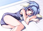  1girl animal_ears bangs blancmanche_mint blue_hair dutch_angle galaxy_angel green_eyes looking_at_viewer mint_blancmanche school_swimsuit short_hair solo swimsuit yellow_eyes 