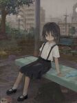 1girl absurdres bag bench black_bag black_hair black_shoes black_skirt bracelet bucket building city collared_shirt commentary fence fog grey_sky highres jewelry looking_at_viewer mani_tamlyn mary_janes original outdoors park parted_lips power_lines rain shirt shoes short_sleeves skirt sky socks solo suspender_skirt suspenders symbol-only_commentary toy_truck tree water wet wet_clothes white_shirt white_socks 