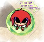 anthro artist_name blush clothing day dialogue digital_media_(artwork) echidna emerald_(gem) english_text footwear fur gem gloves handwear high-angle_view humor knuckles_the_echidna looking_at_viewer looking_up male mammal meme monotreme mostly_nude multicolored_body multicolored_fur nude offscreen_character ohposhers outside profanity red_body red_fur sega shaded shoes solo sonic_the_hedgehog_(series) speech_bubble standing talking_to_another text two_tone_body two_tone_fur white_body white_fur