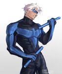  1boy batman_(series) black_bodysuit blue_bodysuit blue_mask bodysuit cosplay costume crybanana77 dc_comics domino_mask escrima_sticks eye_mask gloves gojou_satoru highres jujutsu_kaisen male_focus mask multicolored_bodysuit muscular muscular_male nightwing nightwing_(cosplay) open_mouth short_hair simple_background smile solo superhero_costume taut_bodysuit two-tone_bodysuit white_background white_hair 