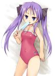  blue_eyes flat_chest food hair_ribbon hiiragi_kagami long_hair lucky_star one-piece_swimsuit popsicle purple_hair ribbon solo standing swimsuit twintails waku 