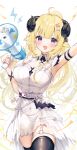  1girl :d absurdres ahoge animal_ears arm_up armpits belt black_thighhighs blonde_hair blush breasts commentary_request curled_horns dress hair_ornament hairclip highres holding holding_megaphone hololive horns large_breasts long_hair looking_at_viewer megaphone narrow_waist neru5 o-ring o-ring_thigh_strap official_alternate_costume official_alternate_hairstyle open_mouth overskirt ponytail purple_eyes see-through_overskirt sheep_ears sheep_girl sheep_horns short_dress short_sleeves smile solo thick_thighs thigh_strap thighhighs thighs tsunomaki_watame tsunomaki_watame_(watame_night_fever!!) very_long_hair virtual_youtuber white_belt white_dress zettai_ryouiki 