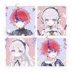  1boy 2girls ahoge armor artist_request black_bow black_flower black_hairband black_jacket black_ribbon black_rose blue_eyes blue_hair bow buttons closed_mouth collared_shirt double-parted_bangs drawstring flower gloves grey_jacket hair_between_eyes hairband heart highres hood hood_down hoodie jacket jacket_over_hoodie kashimiya_karua kirifuji_nozomi last_defense_academy_school_uniform long_hair mole mole_under_eye multicolored_hair multiple_girls neck_ribbon open_clothes open_jacket open_mouth purple_bow purple_eyes purple_flower red_hair ribbon rose school_uniform second-party_source shirt short_hair smile star_(symbol) streaked_hair sumino_takumi tareme the_hundred_line_-last_defense_academy- tomato too_many_watermarks two-tone_hair variant_set watermark white_gloves white_hair white_hoodie white_jacket white_shirt 