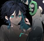  2boys androgynous aqua_eyes black_background black_hair blue_hair blush braid chest_tattoo chinese_commentary closed_mouth clothes_grab collarbone collared_shirt crying crying_with_eyes_open detached_sleeves genshin_impact gloves glowing glowing_tattoo gradient_hair hair_between_eyes hand_on_another&#039;s_face hand_on_another&#039;s_hand highres kayu_(yukagoin) knee_up long_sleeves looking_at_another male_focus multicolored_hair multiple_boys open_clothes open_shirt shirt short_hair_with_long_locks shoulder_spikes side_braid simple_background single_bare_shoulder single_detached_sleeve sitting solo_focus spikes tattoo tears twin_braids twitter_username two-tone_hair venti_(genshin_impact) white_shirt xiao_(genshin_impact) yaoi 
