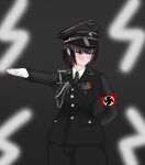 1girl absurdres cameltoe collar_tabs cross germany hand_on_own_hip highres insignia iron_cross jacket k3bbys military_dress_uniform military_uniform nazi nazi_flag original purple_eyes purple_hair short_hair ss_insignia ss_uniform subaru_(blue_archive) swastika waffen-ss world_war_ii 