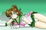 artist_request back_bow bishoujo_senshi_sailor_moon bow brown_hair choker earrings elbow_gloves gloves green green_background green_choker green_eyes green_sailor_collar green_skirt hair_bobbles hair_ornament jewelry kino_makoto lying magical_girl on_side panties pink_bow ponytail sailor_collar sailor_jupiter sailor_senshi_uniform skirt solo underwear white_gloves white_panties 