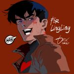  1boy bat_signal batman_(series) batman_symbol black_bodysuit black_hair blood blood_on_face blue_eyes bodysuit dc_comics dexter_soy grey_bodysuit jason_todd male_focus multicolored_bodysuit muscular red_hood_(dc) red_hood_and_the_outlaws short_hair simple_background smile solo superhero_costume two-tone_bodysuit upper_body western_comics_(style) 