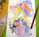  1girl agahari animal art_brush art_tools_in_frame ascot black_cat black_eyes blonde_hair bow bowtie brooch cat clothed_animal colored_sclera commentary_request dress food food_in_mouth green_eyes hat hat_bow holding holding_food holding_popsicle jewelry long_hair looking_at_viewer mascot paintbrush painting_(medium) photo_(medium) popsicle popsicle_in_mouth purple_dress purple_hat red_ascot red_bow red_bowtie sentan_(company) smile solo traditional_media wide_sleeves witch witch_hat yellow_sclera 