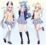  3girls :p ahoge aloupeep_(enna_alouette) aqua_eyes aqua_nails bag beads black_socks blazer blonde_hair blue_hair blue_jacket book braid cardigan commentary elira_pendora enna_alouette famillie_(millie_parfait) full_body hair_beads hair_between_eyes hair_ornament head_wings heart heterochromia high_ponytail highres holding holding_book holding_letter jacket kneehighs letter long_hair looking_at_viewer love_letter low_twin_braids medium_hair middle_finger millie_parfait multiple_girls nijisanji nijisanji_en one_eye_closed outline pantyhose plaid_clothes plaid_skirt pleated_skirt ponytail purple_eyes school_bag school_uniform senmi_(vvv_1864) skirt smile socks standing standing_on_one_leg sweater_vest symbol-only_commentary tongue tongue_out twin_braids virtual_youtuber weewa_(elira_pendora) white_outline white_pantyhose wings yaoi_(object) yellow_cardigan yellow_sweater_vest 