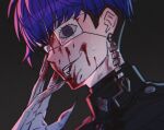  1boy absurdres black_background black_hair black_jacket blood blood_on_clothes blood_on_face blue_hair chamuchai close-up earrings evil_smile eye_print eyepatch face_piercing film_grain fingernails gakuran gloves grey_eyes highres jacket jewelry labret_piercing last_defense_academy_school_uniform looking_at_viewer male_focus multicolored_hair omokage_yugamu piercing print_eyepatch school_uniform sharp_fingernails short_hair simple_background smile solo sweat the_hundred_line_-last_defense_academy- undercut white_gloves 