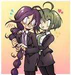  2girls ahoge alternate_costume aqua_hair black_jacket black_pantyhose black_skirt blush border braid breasts collared_shirt danganronpa_(series) danganronpa_another_episode:_ultra_despair_girls dot_nose drooling eyelashes fingernails flying_sweatdrops fukawa_toko glasses gradient_background green_hair green_necktie hair_between_eyes hand_on_another's_hand hand_on_another's_shoulder heart holding holding_own_hair jacket jackie_kawaii long_hair long_sleeves messy_hair mole mole_under_mouth mouth_drool multiple_girls naegi_komaru necktie nose_blush one_eye_closed open_clothes open_jacket open_mouth pantyhose purple_eyes purple_hair purple_necktie shirt short_hair sidelocks simple_background single_braid skirt smile sparkle suit sweatdrop very_long_hair white_border white_shirt yuri 