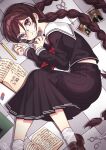  1girl book braid brown_hair brown_shoes collared_shirt commentary_request danganronpa:_trigger_happy_havoc danganronpa_(series) dated eraser eyelashes from_above fukawa_toko hair_between_eyes highres long_hair long_sleeves looking_at_viewer lying neckerchief on_side open_book pencil photo_(object) purple_eyes purple_serafuku purple_shirt purple_skirt red_neckerchief sailor_collar school_uniform scissors serafuku shirt shoes signature skirt skirt_set socks solo tile_floor tiles togami_byakuya twin_braids twintails very_long_hair watashishi white_sailor_collar white_socks 