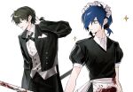  2boys apron aragaki_shinjirou black_jacket black_pants blood blood_on_clothes blood_on_weapon blue_hair bmh_1009 brown_hair butler closed_mouth commentary_request crossdressing crossdressing_(mtf) expressionless frilled_hairband frills grey_eyes grey_vest hair_over_one_eye hairband hand_up highres holding holding_lead_pipe holding_own_hair jacket lead_pipe long_sleeves looking_ahead looking_at_another maid maid_headdress male_focus multiple_boys official_alternate_costume official_alternate_hairstyle pants parted_lips persona persona_3 persona_3:_dancing_moon_night persona_dancing shirt short_hair short_sleeves short_twintails simple_background sparkle sweatdrop twintails upper_body vest waist_apron weapon white_apron white_background white_hairband white_shirt yuuki_makoto_(persona_3) 