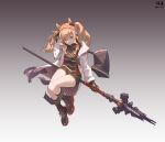  1girl absurdres angelina_(arknights) animal_ears arknights arm_up black_bag black_collar black_gloves black_shirt black_shoes black_shorts black_socks breasts brown_hair chinese_commentary coat collar commentary_request dated earpiece floating_staff fox_ears fox_girl full_body gloves gradient_background grey_background hairband hands_in_own_hair highres holding holding_staff hundun_no_bifang impossible_clothes impossible_shirt infection_monitor_(arknights) jacket kneehighs long_hair looking_at_viewer medium_breasts multicolored_shoes open_clothes open_coat open_jacket orange_eyes red_hairband red_jacket red_shoes shirt shoes shorts sitting sneakers socks solo staff striped_clothes striped_hairband thick_thighs thighs twintails two-tone_hairband two-tone_shoes unzipped white_coat 