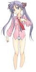  adjusting_clothes adjusting_necktie blue_eyes cropped_legs dress_shirt hiiragi_kagami long_hair long_sleeves lucky_star necktie no_pants panties partially_unbuttoned pink_shirt purple_hair satou_atsuki shirt simple_background solo striped striped_shirt twintails underwear vertical-striped_shirt vertical_stripes white_background 