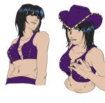  1girl black_hair blue_eyes blunt_bangs closed_mouth commentary cowboy_hat cross-laced_clothes cross-laced_top hat korean_commentary looking_at_viewer looking_to_the_side medium_hair multiple_views navel nico_robin one_piece oottdddd purple_hat purple_shirt shirt simple_background smile white_background 