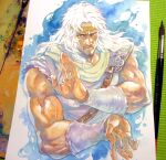  1boy agahari art_brush art_tools_in_frame aura beard blue_eyes circlet closed_mouth commentary_request connected_beard cropped_torso facial_hair fighting_stance gold_circlet hokuto_no_ken long_hair looking_at_viewer male_focus muscular muscular_male paintbrush painting_(medium) photo_(medium) shirt single_shoulder_pad sleeveless sleeveless_shirt solo toki_(hokuto_no_ken) traditional_media veins veiny_arms white_hair white_shirt 