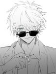  1boy adjusting_clothes adjusting_necktie blue_eyes chinese_commentary closed_mouth collared_shirt gojou_satoru greyscale hair_between_eyes hair_over_one_eye hand_up highres jacket jujutsu_kaisen kayu_(yukagoin) looking_at_viewer male_focus monochrome necktie one_eye_covered shirt short_hair simple_background sketch smile solo spot_color sunglasses upper_body white_background white_hair 