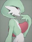  1girl arm_at_side bob_cut colored_skin commentary_request finger_to_mouth flat_chest from_side gardevoir green_hair green_skin grey_background half-closed_eyes hand_up highres looking_at_viewer multicolored_skin open_mouth pokemon pokemon_(creature) profile red_eyes sara_(sublender1234) short_hair sideways_glance simple_background solo standing two-tone_skin upper_body white_skin 