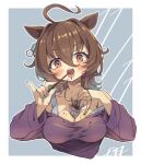  1girl absurdres agnes_tachyon_(casual)_(umamusume) agnes_tachyon_(umamusume) ahoge animal_ears between_breasts blush bra_strap breasts brown_hair casual chemical_structure chocolate cleavage collarbone cropped_torso earrings eating food food_between_breasts food_in_mouth hair_between_eyes highres holding holding_food holding_pocky horse_ears horse_girl huge_ahoge jewelry large_breasts long_sleeves looking_at_viewer medium_hair necklace off-shoulder_shirt off-shoulder_sweater off_shoulder open_mouth pocky pocky_day pocky_in_mouth purple_shirt purple_sweater red_eyes shirt single_earring smile solo sweater teeth umamusume upper_teeth_only woruta_(soloistlist) 