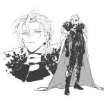  armor belt belt_buckle breastplate buckle cape closed_mouth cropped_shoulders dimitri_alexandre_blaiddyd dimitri_alexandre_blaiddyd_(timeskip) eyepatch faulds fire_emblem fire_emblem:_three_houses frown fur-trimmed_cape fur_trim gauntlets hair_behind_ear highres looking_at_viewer male_focus multiple_views one_eye_covered potato_goril simple_background white_background 