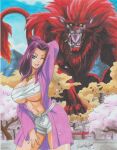  1girl abs absurdres amulet breasts cherry_blossoms chest_sarashi cleavage creature daikaiju_yuki destruction giant giant_monster highres huge_breasts japanese_clothes kaiju kimono lion_tail long_hair monster muscular muscular_female one_eye_closed pink_kimono pinup_(style) ravernclouk red_fur revealing_clothes roaring sarashi short_shorts shorts tail traditional_media underboob yukata yuki_tsubaki_(daikaiju_yuki) 