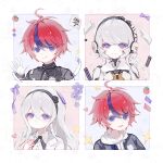  1boy 2girls ahoge armor artist_request black_bow black_flower black_hairband black_jacket black_ribbon black_rose blue_eyes blue_hair bow buttons closed_mouth collared_shirt double-parted_bangs drawstring flower gloves grey_jacket hair_between_eyes hairband heart highres hood hood_down hoodie jacket jacket_over_hoodie kashimiya_karua kirifuji_nozomi last_defense_academy_school_uniform long_hair mole mole_under_eye multicolored_hair multiple_girls neck_ribbon open_clothes open_jacket open_mouth purple_bow purple_eyes purple_flower red_hair ribbon rose school_uniform second-party_source shirt short_hair smile star_(symbol) streaked_hair sumino_takumi tareme the_hundred_line_-last_defense_academy- tomato too_many_watermarks two-tone_hair variant_set watermark white_gloves white_hair white_hoodie white_jacket white_shirt 