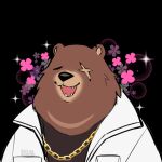  1boy animal_ears bear_boy bear_ears ben_bigger black_tank_top blush brown_fur chain chain_necklace closed_eyes english_commentary fangs flower furry furry_male highres jacket jewelry male_focus necklace notched_ears open_mouth scar scar_across_eye scar_on_face sparkle starbuchi tank_top white_jacket zenless_zone_zero 