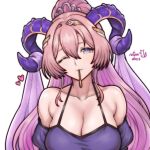  1girl ;) alternate_costume artist_name bare_shoulders blush breasts cleavage closed_mouth collarbone commentary curled_horns detached_sleeves dress english_commentary fire_emblem fire_emblem_heroes food food_in_mouth hair_between_eyes heart high_ponytail highres horns huge_breasts long_hair looking_at_viewer nerthuz_(fire_emblem) one_eye_closed pink_hair pink_lips pocky pocky_day pocky_in_mouth ponytail purple_dress purple_eyes purple_horns rotomdocs simple_background skindentation sleeveless sleeveless_dress smile solo tiara white_background yellow_horns 