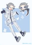  2boys :d :o ^_^ aotsuki_eito black_gloves black_jacket black_shoes blue_background blue_eyes breast_pocket chibi closed_eyes commentary_request dual_persona full_body glasses gloves grey_hair highres holding holding_scythe holding_weapon jacket last_defense_academy_school_uniform looking_down male_focus mitsuba_tarou multiple_boys outline pants pocket school_uniform scythe shoes short_hair shrugging smile the_hundred_line_-last_defense_academy- twitter_username two-tone_background weapon white_background white_gloves white_jacket white_outline white_pants 