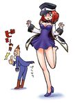  1girl ascot boots breasts brown_hair cape cleavage crossover demitri_maximoff dress forte_stollen galaxy_angel hat high_heels hirai_yukio jacket leg_lift medium_breasts monocle open_mouth peaked_cap purple_dress red_hair saliva shoes short_hair thumbs_up vampire_(game) 