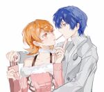  1boy 1girl bare_shoulders blue_hair blush box bra_strap brown_eyes brown_hair choker coat collarbone cross-laced_sweater earphones_removed earrings english_commentary flipped_hair food food_in_mouth fur-trimmed_sweater fur_trim grey_coat halterneck hand_on_another&#039;s_chin heart heart_choker highres holding holding_box holding_food holding_pocky jewelry looking_at_another off-shoulder_sweater off_shoulder official_alternate_costume persona persona_3 pink_sweater pocky pocky_day pocky_in_mouth ribbed_sweater short_hair stud_earrings surielye sweater takeba_yukari turtleneck turtleneck_sweater upper_body white_background white_choker winter_clothes yuuki_makoto_(persona_3) 