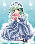  1girl alternate_costume bangs character_name dress galaxy_angel green_hair heart long_hair looking_at_viewer puffy_sleeves red_eyes sitting smile solo valentine vanilla_h 