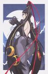  1girl ass back_cutout bayonetta bayonetta_(series) bayonetta_1 black-framed_eyewear black_hair blue_eyes bodysuit clothing_cutout earrings eyeshadow from_behind from_below full_moon glasses gloves half-closed_eyes hand_on_own_hip highres inkerton-kun jewelry lipstick long_hair makeup mole mole_under_mouth moon open_mouth outside_border solo very_long_hair 