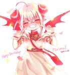  1girl ahoge arm_strap bag bare_shoulders belt belt_collar bloom blush bracelet broken_heart_print character_name closed_eyes collar colored_tips confetti curled_horns dated demon_girl demon_horns demon_wings dress dyed_ahoge fang feet_out_of_frame fingers_to_cheeks gloves grey_hair grin hair_between_eyes handbag happy_birthday highres horns jewelry long_dress makaino_ririmu makaino_ririmu_(1st_costume) multicolored_hair nijisanji off-shoulder_dress off_shoulder pointy_ears red_bag red_collar red_eyes red_horns red_streaks red_wings shirt_under_dress short_hair shoulder_bag sidelocks simple_background smile solo standing streaked_hair undershirt uziuzi_v v-shaped_eyebrows virtual_youtuber white_background white_dress white_gloves wings 