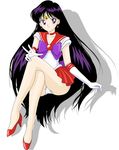  bishoujo_senshi_sailor_moon brown_hair choker elbow_gloves female full_body gloves high_heels highres hino_rei long_hair mr._r_(2ch's_sailor_moon_thread) panties pantyshot purple_eyes sailor_mars school_uniform seifuku serafuku sitting solo underwear v very_long_hair white_background white_panties 